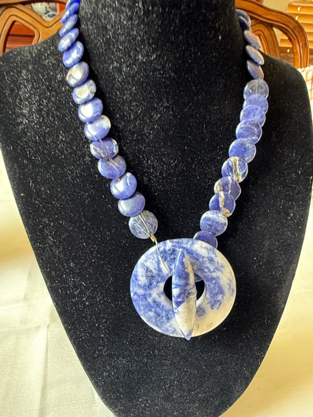 Natural Blue Sodalite stone Beaded  donut Pendant Necklace 16.5” long
